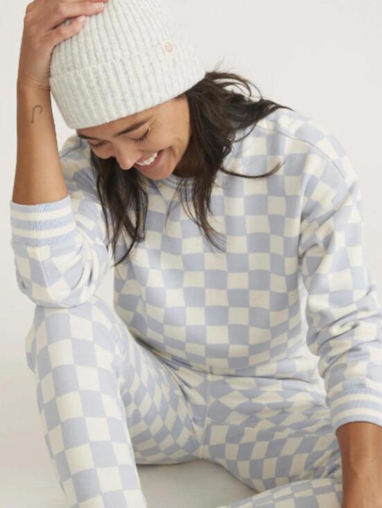 Marine Layer Tops - Marine Layer Anytime Blue Checkered Cotton Blend Sweatshirt - Size - Medium